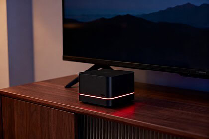 Petit boîtier noir cubique posé sur un meuble en bois devant un téléviseur, un bandeau lumineux rouge allumé sur sa façade