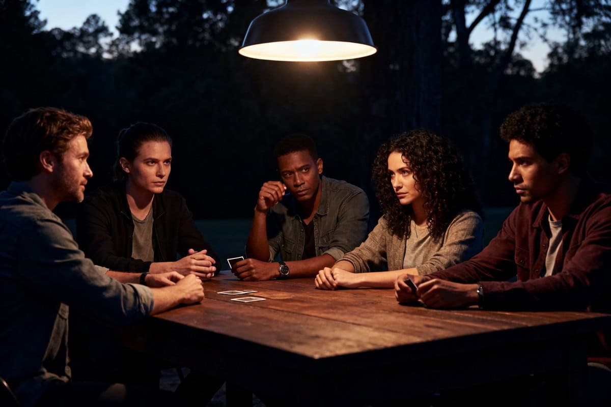 Groupe d'amis réunis autour d'une table de jeu la nuit dans une ambiance de méfiance.