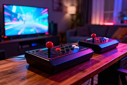 Deux sticks d'arcade posés sur une table en bois devant un téléviseur, ambiance néon