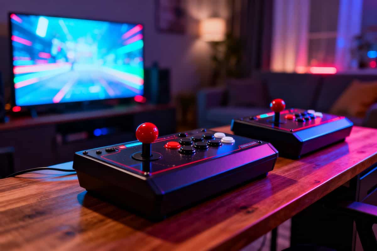 Deux sticks d'arcade posés sur une table en bois devant un téléviseur, ambiance néon