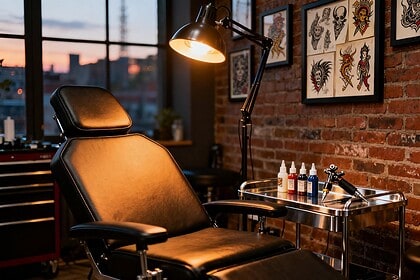 Intérieur d'un salon de tatouage au crépuscule avec un fauteuil et du matériel disposé sur un plateau
