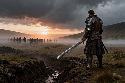 Guerrier en kilt et armure tenant une grande épée face à une horde dans une lande brumeuse à l'aube