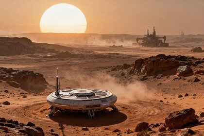 Base mobile futuriste sur une planète désertique au soleil bas