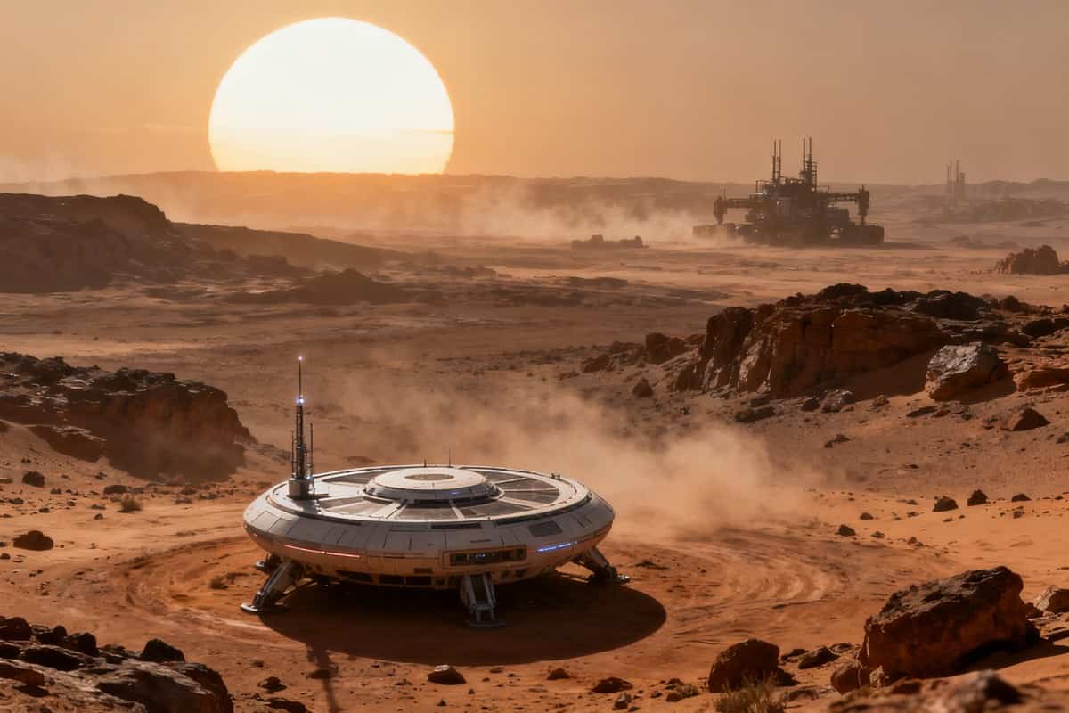 Base mobile futuriste sur une planète désertique au soleil bas