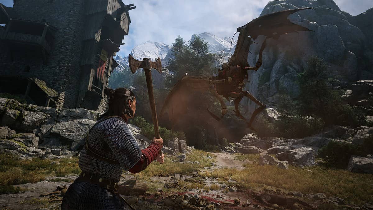 Capture officielle de The Blood of Dawnwalker montrant Coen dans un village médiéval