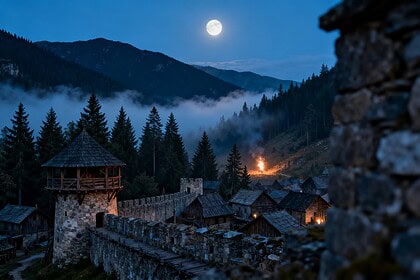 Village fortifié médiéval au creux d'une vallée brumeuse, à la tombée de la nuit
