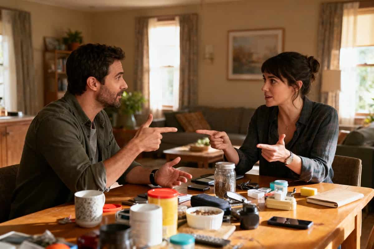 Deux personnes communiquent par gestes autour d'une table couverte d'objets du quotidien