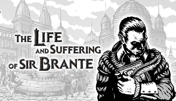 Jaquette de The Life and Suffering of Sir Brante, illustration noir et blanc d'un homme serrant un livre