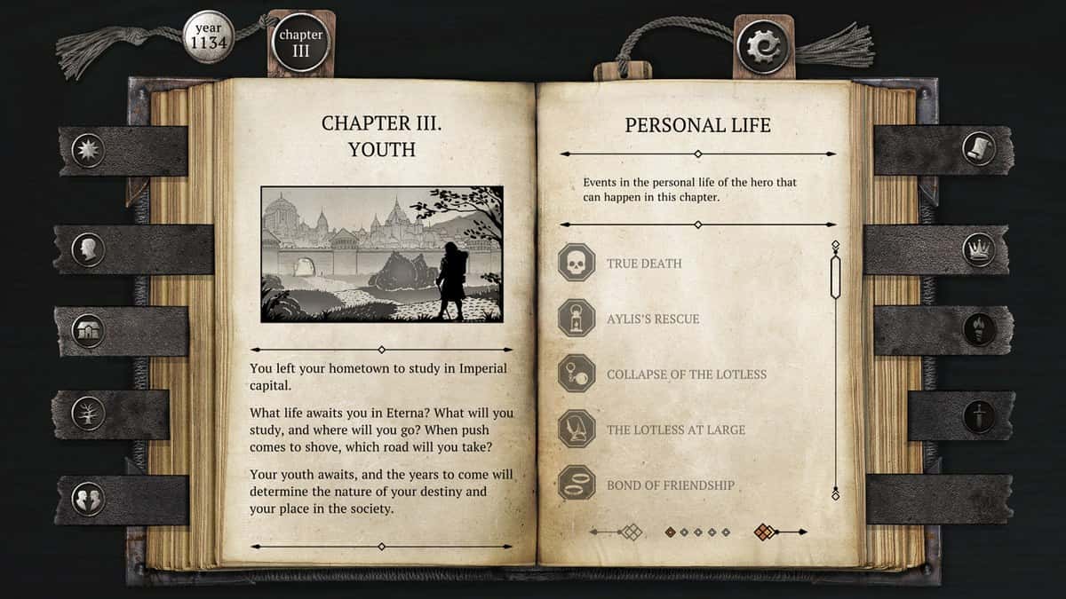Interface du jeu : un livre ouvert affiche le chapitre III et la liste des événements de la vie du héros