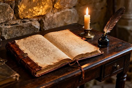 Journal manuscrit ouvert sur un bureau en bois sombre, éclairé par une bougie, plume et encrier posés à côté