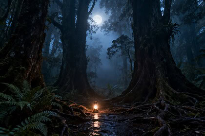 Forêt tropicale dense plongée dans le brouillard nocturne, lanterne à huile posée au sol