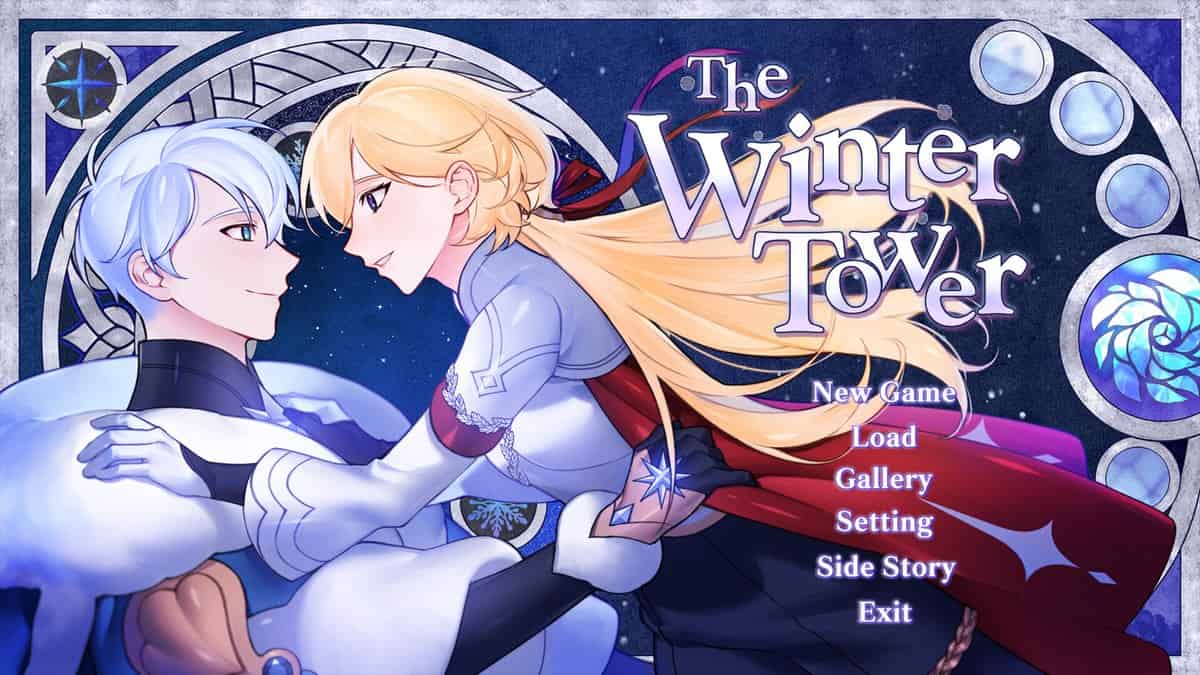 Écran-titre de The Winter Tower : deux personnages enlacés dans un décor hivernal de style anime