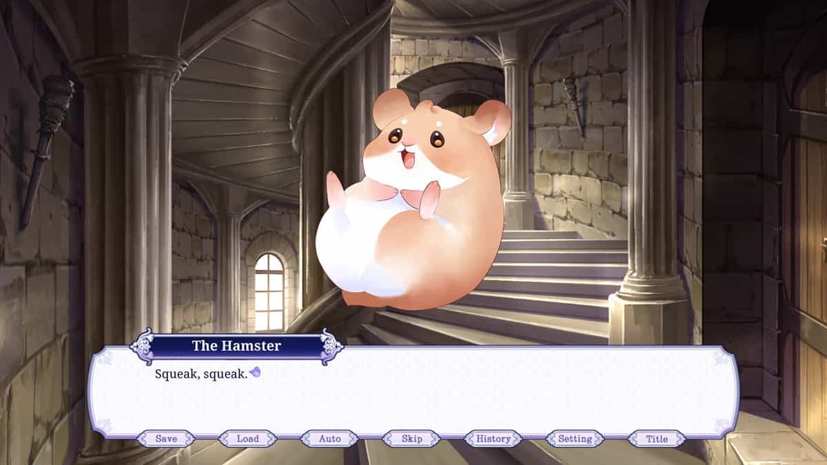 Un hamster attachant flotte dans un escalier de pierre, boîte de dialogue d'un visual novel à l'écran