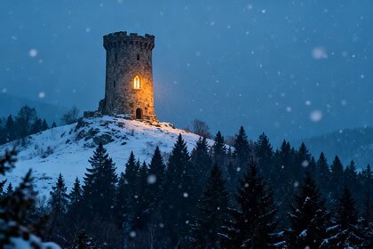 Une tour de pierre médiévale sur une colline enneigée au crépuscule, une fenêtre éclairée, sous la neige
