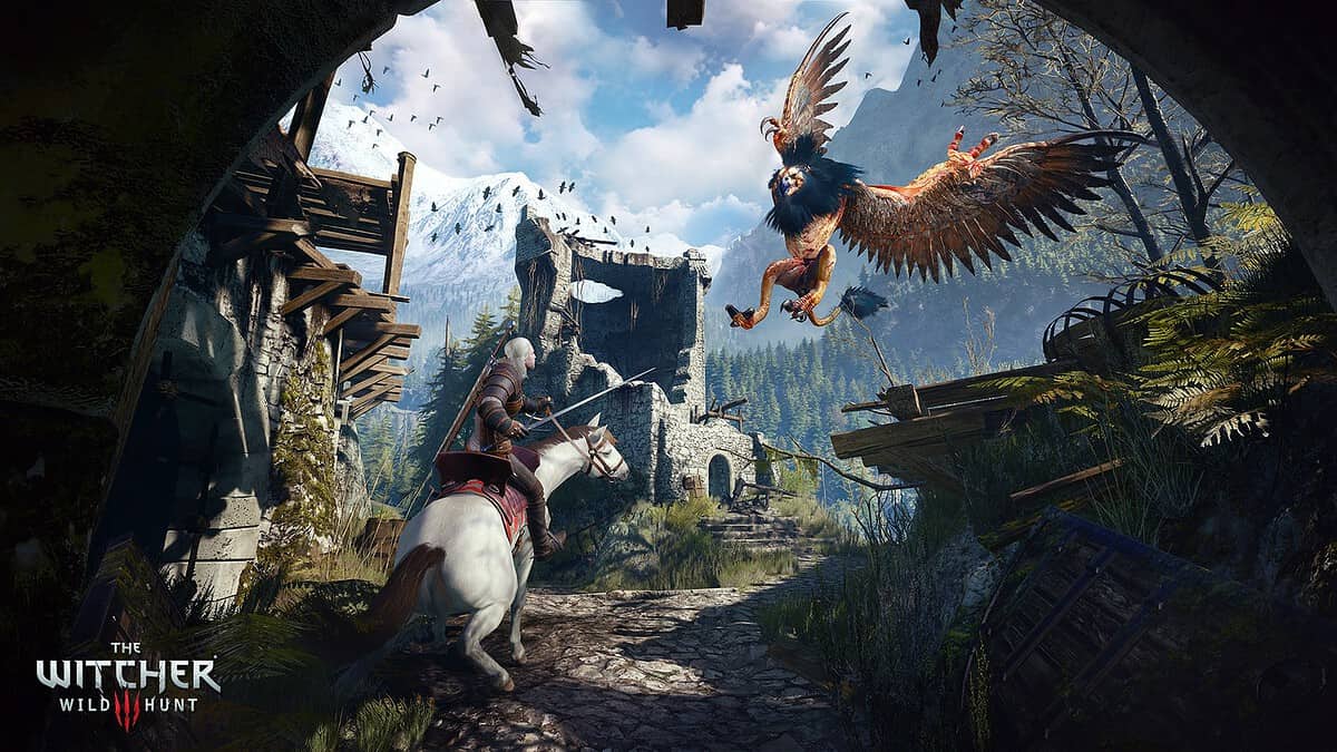 Geralt à cheval affronte un griffon près de ruines dans The Witcher 3