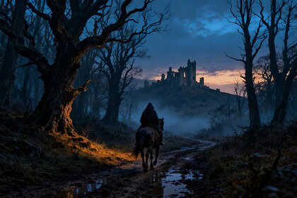 Cavalier encapuchonné sur un chemin boueux dans une forêt médiévale brumeuse au crépuscule, château en ruine au loin