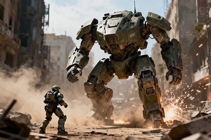 Robot de combat géant dominant un soldat dans une rue futuriste dévastée