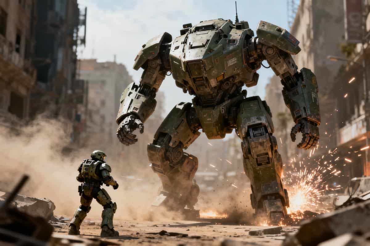 Robot de combat géant dominant un soldat dans une rue futuriste dévastée