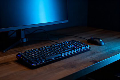 Un clavier mécanique et une souris de jeu sur un bureau en bois, éclairés par la lueur bleue d'un écran dans une pièce sombre.