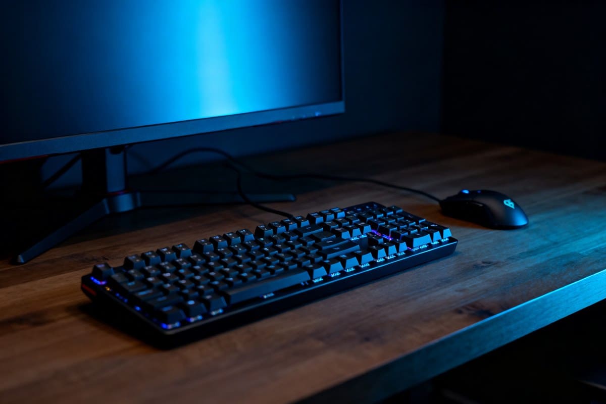 Un clavier mécanique et une souris de jeu sur un bureau en bois, éclairés par la lueur bleue d'un écran dans une pièce sombre.