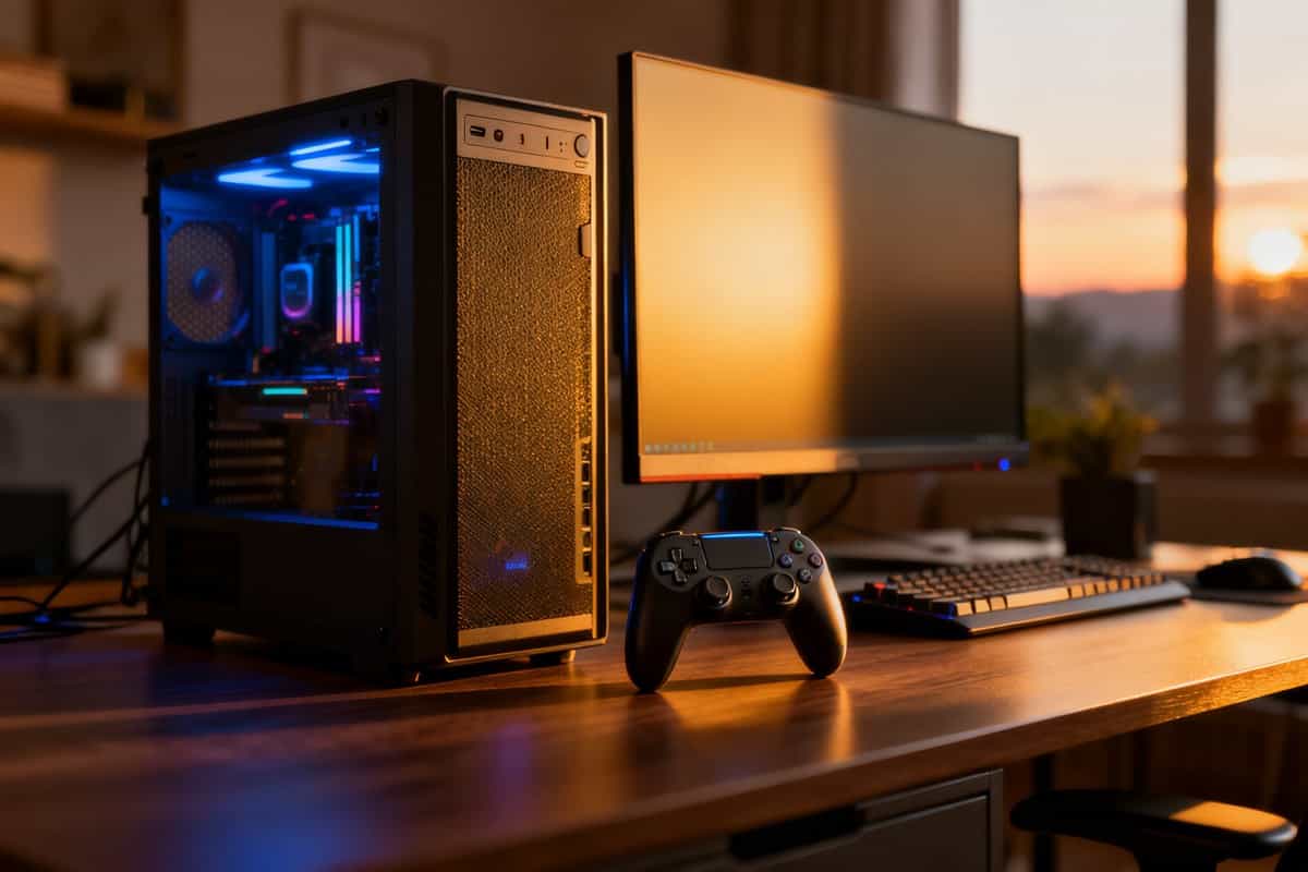 Un boîtier PC gamer à LED à côté d'un écran et d'une manette de jeu sur un bureau en bois