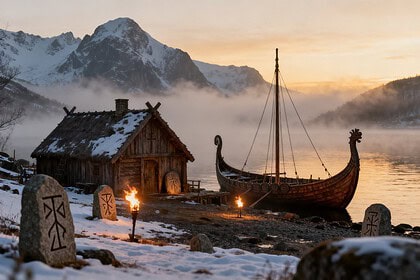 Village viking et drakkar sur un fjord enneigé au lever du jour