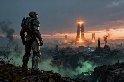 Guerrier futuriste en armure face à une cité industrielle extraterrestre au crépuscule.
