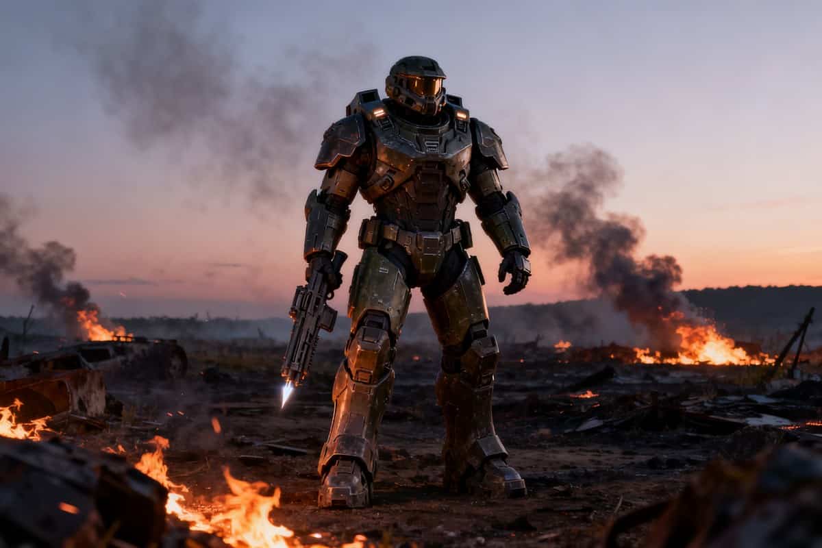 Soldat en armure de combat futuriste tenant un fusil sur un champ de bataille en flammes au crépuscule