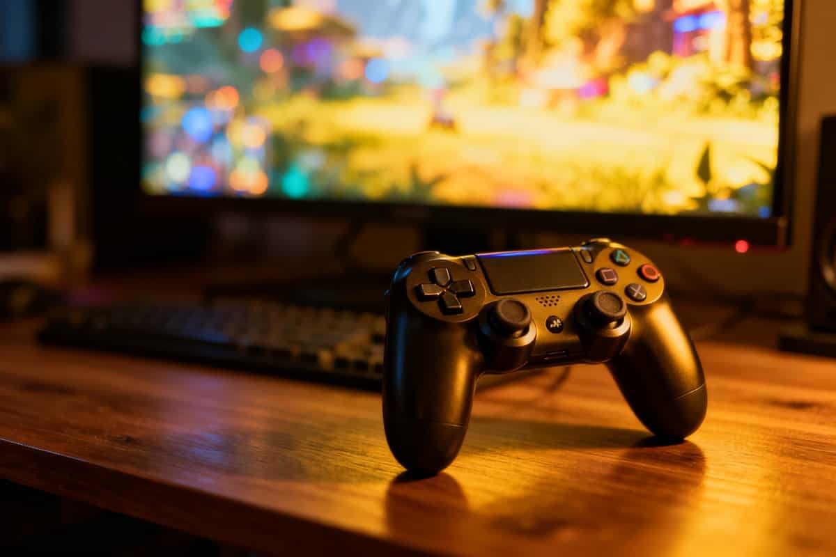 Manette de jeu posée sur un bureau devant un écran lumineux aux couleurs vives et floues