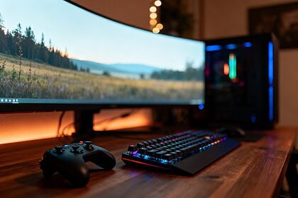 Configuration PC de jeu allumée dans une pièce sombre, grand écran lumineux, clavier et manette sur le bureau
