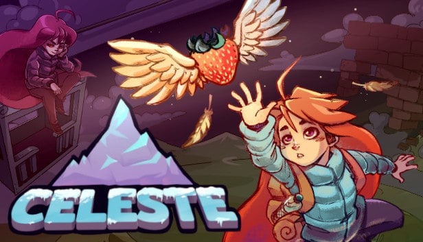 Illustration officielle de Celeste : Madeline tend la main vers une fraise ailée devant le pic enneigé