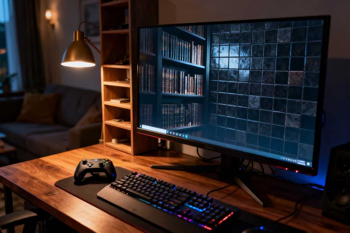 Bureau de jeu PC éclairé par une lampe, manette et clavier devant un écran affichant une grille de vignettes