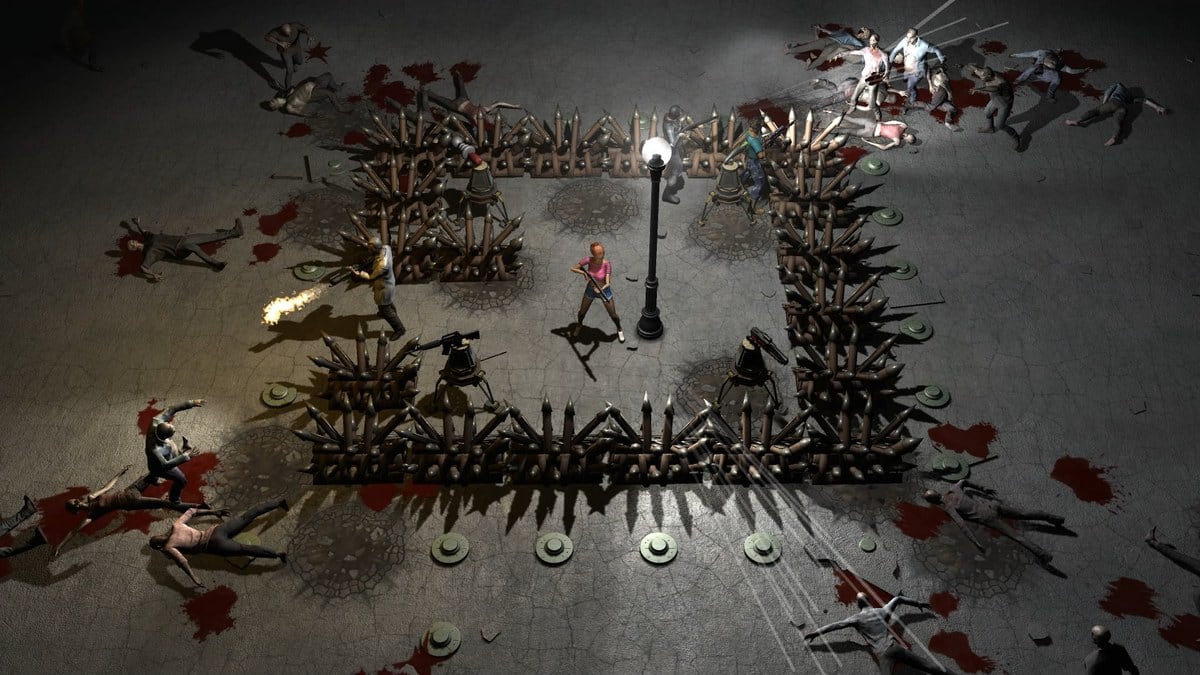 Vue du dessus d'une base fortifiée de barricades et de tourelles, un survivant affronte une horde de zombies.