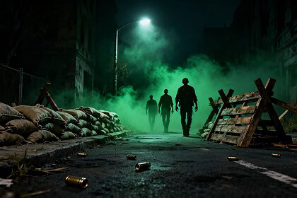 Rue barricadée la nuit avec des sacs de sable, des zombies avançant dans un brouillard verdâtre sous un lampadaire.