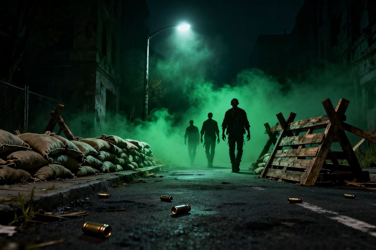 Rue barricadée la nuit avec des sacs de sable, des zombies avançant dans un brouillard verdâtre sous un lampadaire.