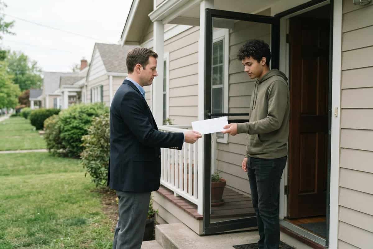 Un homme en costume tend une enveloppe blanche à un jeune homme en sweat, sur le perron d'une maison de banlieue