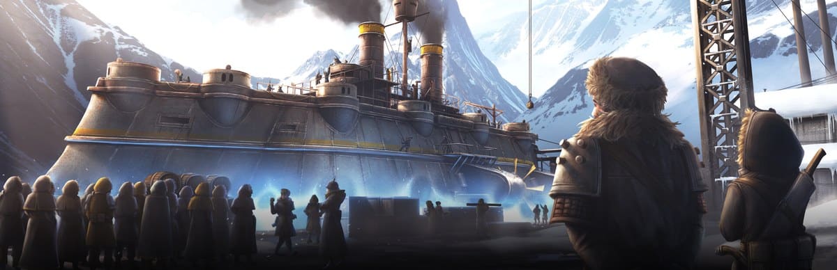 Visuel officiel d'Airship: Kingdoms Adrift, un dirigeable cuirassé amarré dans un dock de montagne