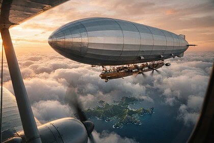 Dirigeable à coque rigide et nacelle en bois survolant une mer de nuages au-dessus d'un archipel