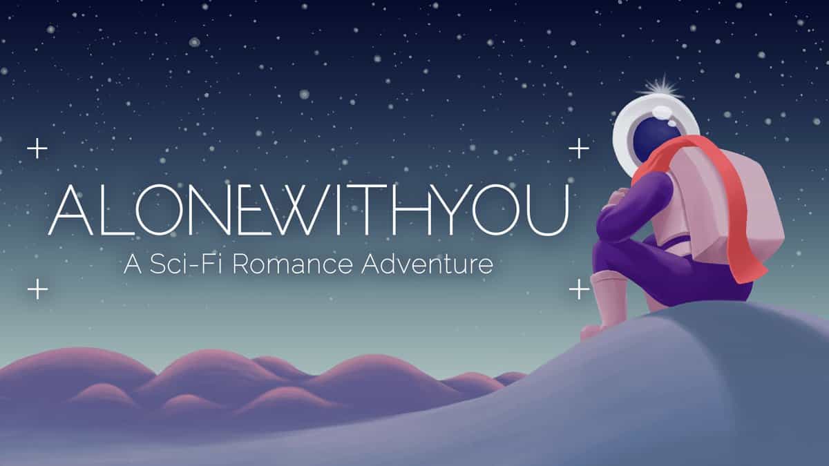 Visuel officiel d’Alone With You : un astronaute assis sur une colline violette sous un ciel étoilé