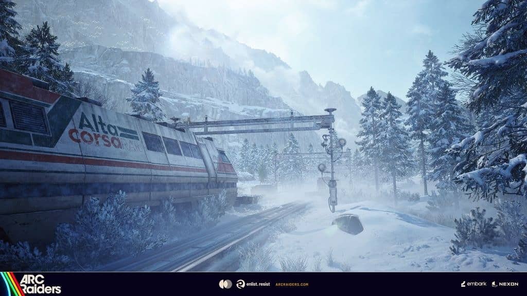 Un train abandonné sous la neige au pied d'une montagne, capture du jeu ARC Raiders