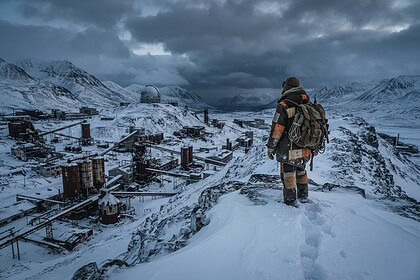 Un explorateur de dos, sac au dos, observe depuis une crête une ville industrielle enneigée et son observatoire