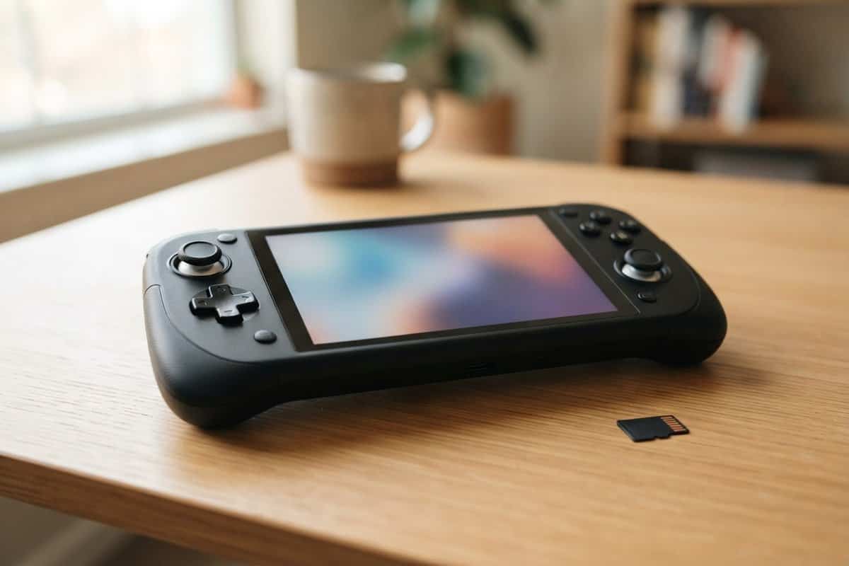 Console de jeu portable noire posée sur un bureau en bois à côté d'une carte microSD, écran allumé