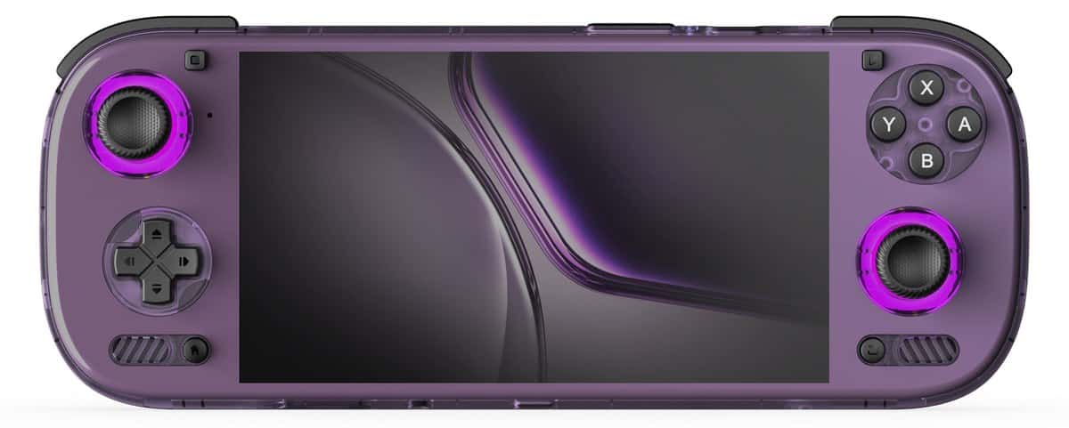 Ayn Odin 3 en coloris violet transparent, vue de face avec sticks lumineux magenta