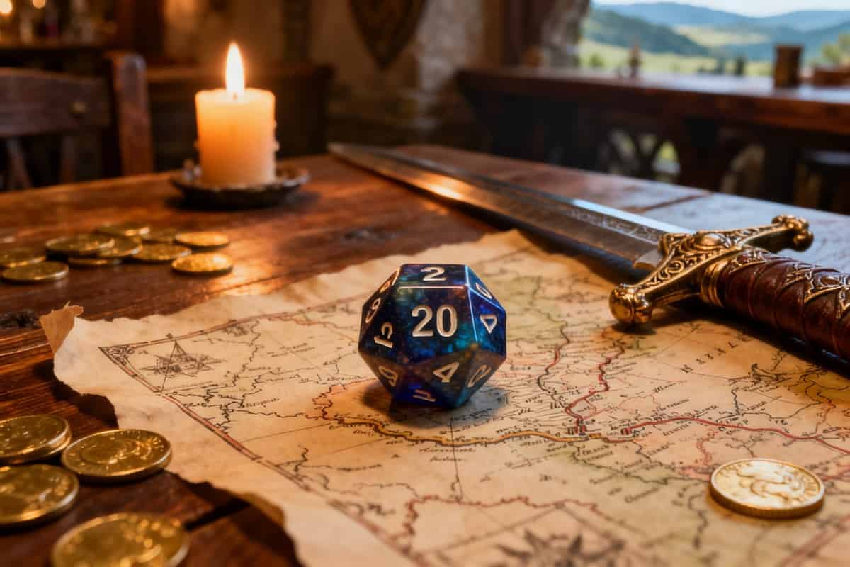 Un dé à vingt faces posé sur une vieille carte, éclairé à la bougie, près d'une épée et de pièces d'or