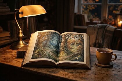Livre illustré ouvert sur une forêt et une chaumière, éclairé par une lampe de bureau, avec une tasse de thé