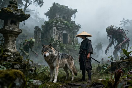 Un guerrier au chapeau de paille et un loup face à des ruines japonaises envahies par la végétation et des créatures difformes