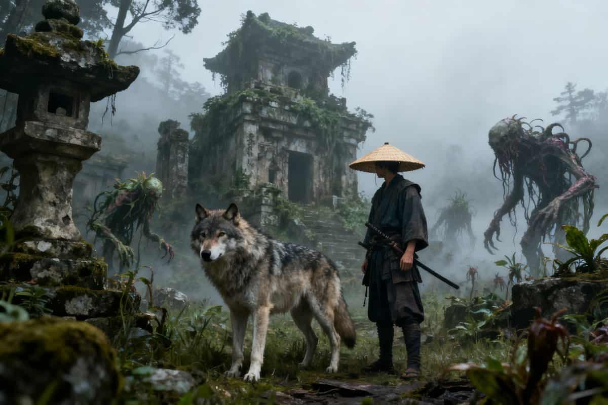 Un guerrier au chapeau de paille et un loup face à des ruines japonaises envahies par la végétation et des créatures difformes