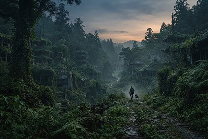Voyageuse et son chien sur un sentier dans un village japonais envahi par la forêt au crépuscule