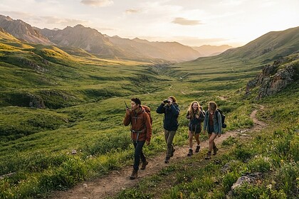 Quatre randonneurs sur un sentier dans une vallée verdoyante au crépuscule, l'un avec un talkie-walkie, un autre aux jumelles