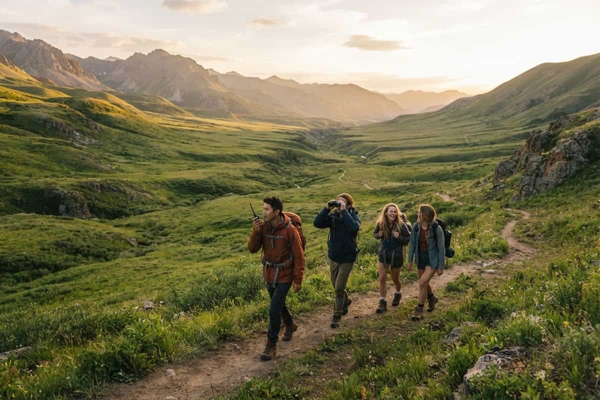 Quatre randonneurs sur un sentier dans une vallée verdoyante au crépuscule, l'un avec un talkie-walkie, un autre aux jumelles